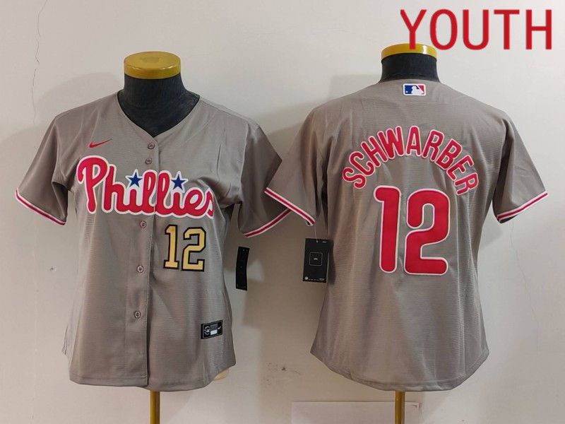 Youth Philadelphia Phillies #12 Schwarber Grey Game 2024 Nike MLB Jersey style 1